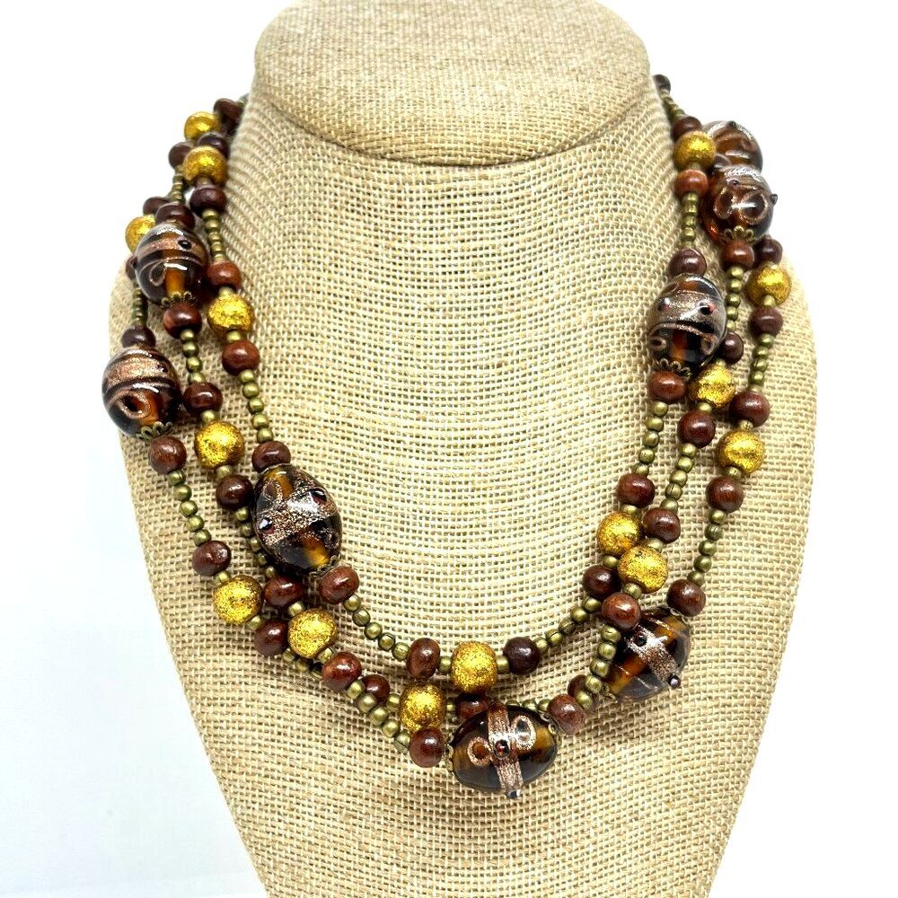 VINTAGE GLASS BEAD Necklace Long 56" Wood Foil Lampwork Style Boho 1970s